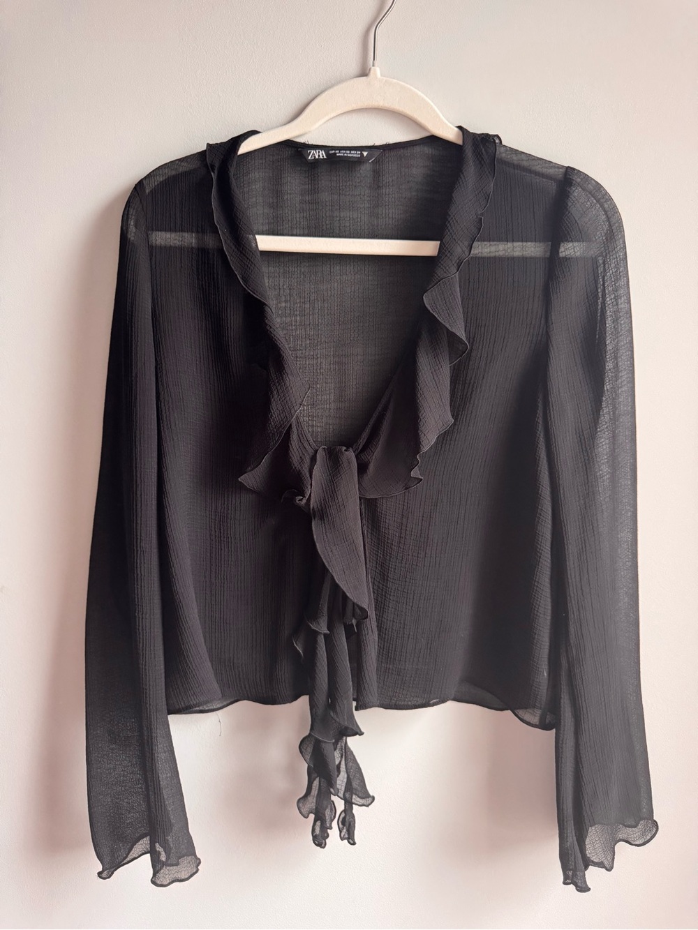 Zara Black Sheer Ruffle Tie-Front Blouse